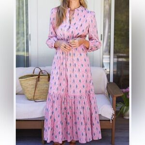 Emerson Fry Frances Alice Maxi Midi  Dress XS Pink Blue Leaf Print